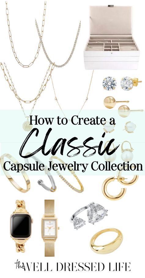 Womens Gold Jewelry Aesthetic, Classic Jewelry Essentials Gold, Capsule Jewelry Wardrobe, Accessories Capsule Wardrobe, White Gold Necklace Layering, Minimalist Jewelry Collection, Jewellery Capsule Wardrobe, Classic Gold Necklace, Jewelry Capsule Collection