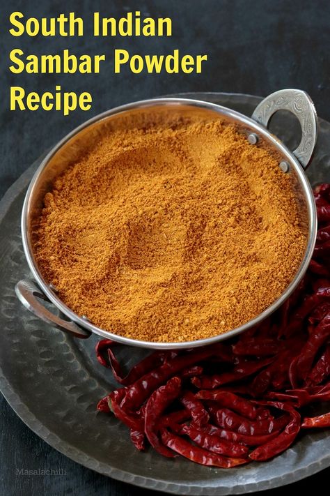 Step by Step Homemade Traditional Tamil Brahmin Style Sambar Powder Recipe to make delicious, aromatic, flavorful South Indian Sambar at home anytime.  #howtomake #homemade #sambar #powder #recipe #southindian #condiment #masala Sambar Powder Recipe, Sambhar Recipe, Podi Recipe, Masala Powder Recipe, Fruit Powder, Food Recipes Vegetarian, Dehydrated Vegetables, Dried Chillies, Spice Mix Recipes