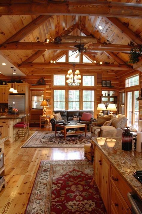 Flooring For Log Cabin, Log Cabin Addition Ideas, Small Log Cabin Homes Interior, Log House Design, Log Cabin Houses, Log Cabin Living Room Ideas, Log Cabin Living Room, Log Cabin Interior Design, Cabin Homes Interior