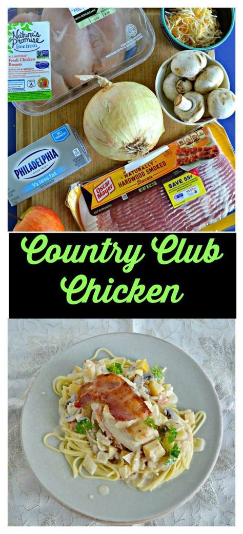 Everything you need to make this delicious Country Club Chicken served over pasta. #chickenrecipes #fancyrecipes #pastarecipes | Chicken Recipes | Bacon Recipes | Pasta recipes | Fancy Recipes | Weekend Meals | Recipes Fancy, Fancy Recipes, Bacon Pasta Recipes, Apples And Onions, Chicken Main Dish Recipes, Friends Recipes, Weekend Meals, Recipes Pasta, Spaghetti Noodles