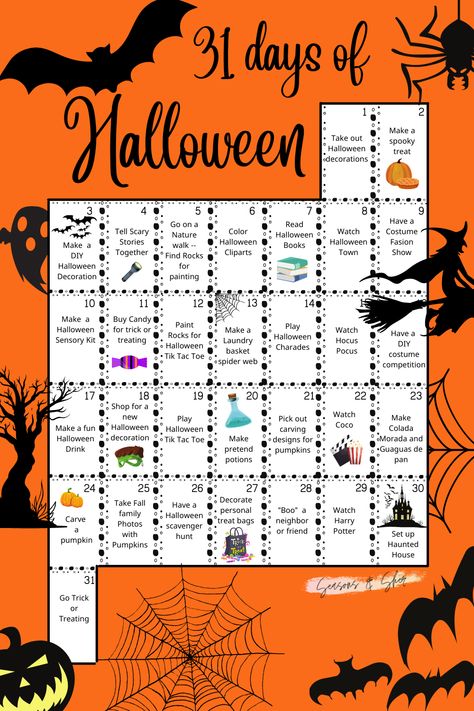 Countdown To Halloween Activities, 31 Halloween Activities, Halloween To Do List 31 Days Of, Spooky Season Calendar, Halloween 31 Day Challenge, October Fun Calendar, October Dress Up Days, Halloween Theme Week Ideas, 31 Days Of Halloween Movies Family