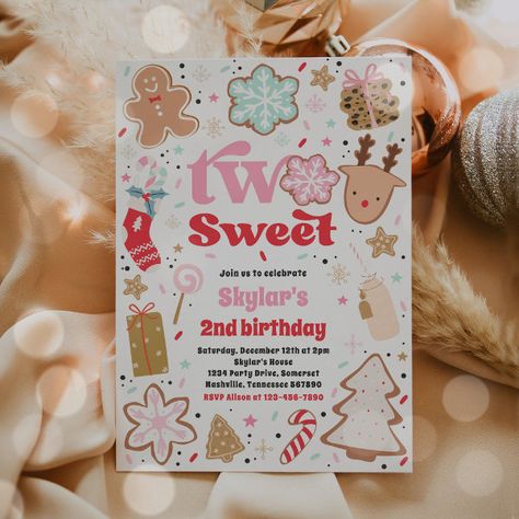 Christmas Cookie Two Sweet 2nd Birthday Party Invitation Four Ever Sweet Birthday Party, Four Year Old Birthday Theme, Four Ever Sweet Birthday, 4th Birthday Theme, Two Sweet 2nd Birthday, Four Ever Sweet, Sweet One 1st Birthday, Winter Birthday Themes, Sweet Birthday Party