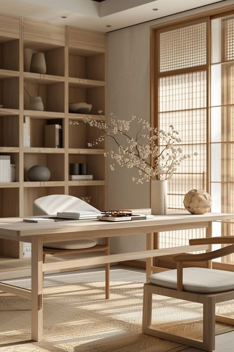 Home Office Scandinavian Style, Japandi Workspace, Japanese Home Office, Japandi Office Design, Japandi Bedroom Interior Design, Japanese Zen Interior, Japandi Home Office, Japandi House, Home Office Designs