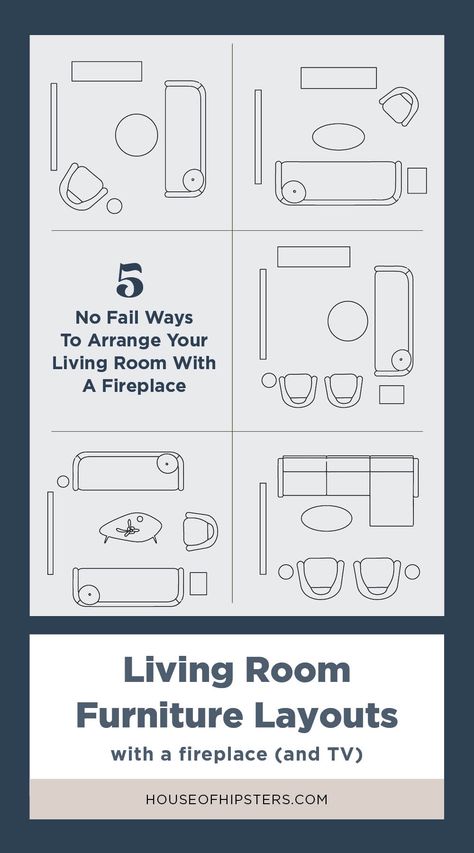 How to arrange a room with a fireplace (and TV on the opposite wall) with 5 furniture placement layouts! Living Room Seating Ideas With Fireplace, Tv And Sofa Placement, Couch Tv Placement, 2 Couch 2 Chair Living Room Layout, Craftsman Living Room Layout, Living Room Layout With Fireplace And Tv On Different Walls, Living Room Seating Ideas Layout, Living Room Furniture Arrangement Ideas With Fireplace And Tv, Couch In Front Of Fireplace