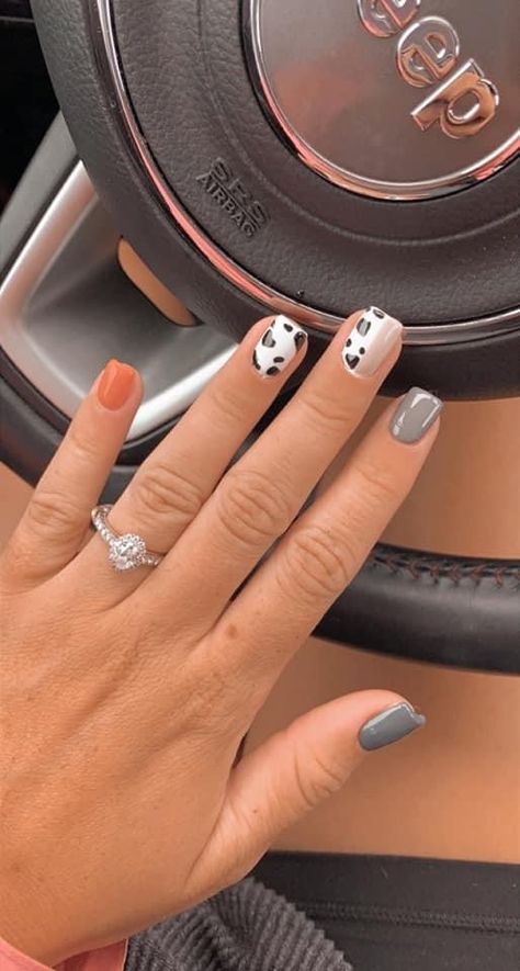 Short Dip Powder Nails Western, Fall Nails With Cow Print, Cute Short Western Nails, Fall Cowprint Nails, Cute End Of Summer Nails, Country Concert Nails Ideas Simple, Cowprint Nail Design Short, Western Nail Art Designs, Western Fall Nail Ideas