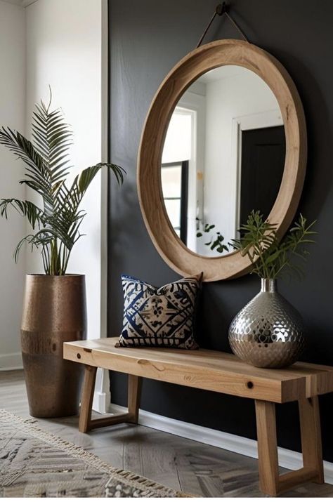 Home Foyer Ideas Entryway Modern, Entry With Round Mirror, Entryway Ideas Boho Modern, Elegant Small Entryway Ideas, Entry Bench And Mirror, Foyer With Bench Entryway, Modern Organic Entryway Ideas, Bench And Mirror Entryway, Mirror And Bench Entryway