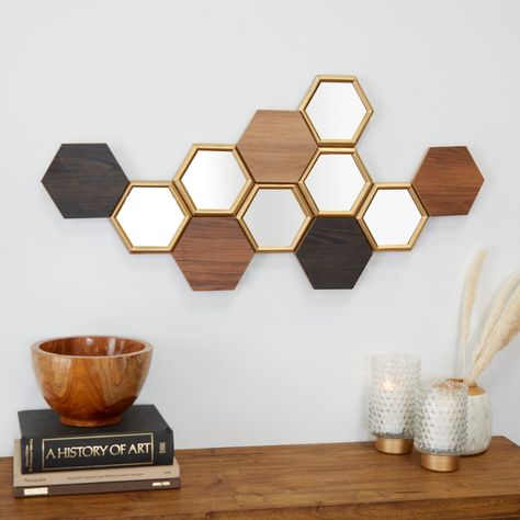 Wall Decor With Mirrors, Decor With Mirrors, Hexagon Mirror Wall Decor, Wood Honeycomb, Honeycomb Mirror, Black Metal Console Table, Black Metal Console, Hexagon Decor, Honeycomb Wall