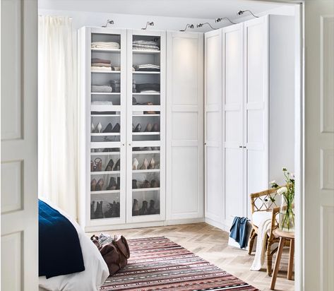 Can I turn regular PAX units into a corner wardrobe? - IKEA Hackers Ikea Pax Corner Wardrobe, Pax Corner, Dressing Pax, Pax Corner Wardrobe, Yellow Baby Room, Design Ložnic, Front Closet, Ikea Wardrobe, Ikea Pax Wardrobe