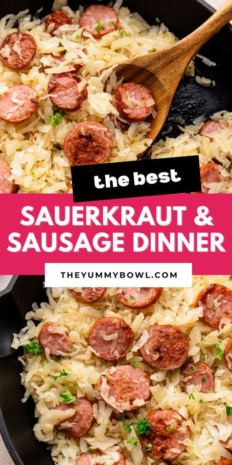 Sauerkraut & Kielbasa Skillet Keilbasa And Sauerkraut, Saurkraut And Sausage, Smoked Sausage And Sauerkraut Recipe, Sauerkraut Dinner, One Pot Kielbasa, Kielbasa And Sauerkraut, Sausage And Sauerkraut, Polish Sausage Recipes, Kabasa Recipes