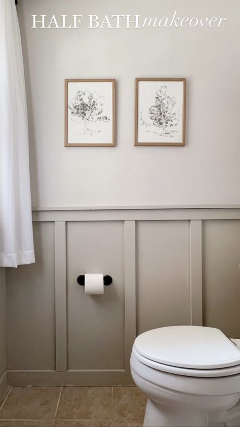 HALF BATH MAKEOVER REVEAL! Can you belive this before and after? We gifted my in-laws a makeover of their half bath for christmas and… | Instagram Half Batten Wall, Sage Green Bathroom Board And Batten, Bathroom Reno Before And After, Batten Bathroom Walls, White Board And Batten Powder Room, Batten Board Half Bath, Half Bath Modern Decor, Batten Board Half Wall, Half Bath With Wainscotting