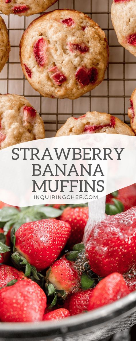 Banana Strawberry Muffins, Muffins Strawberry, Healthy Strawberry Recipes, Strawberry Muffins Healthy, Banana Muffin Recipe Easy, Strawberry Banana Muffins, Strawberry Banana Bread, Banana Muffins Easy, Healthy Banana Muffins