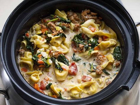 Crockpot Sausage Tortellini Soup, Tortellini And Sausage Soup, Crockpot Tortellini Soup, Tortellini Soup Crockpot, Crockpot Tortellini, Soup Sausage, Crockpot Sausage, Cheese Tortellini Soup, Homestead Recipes