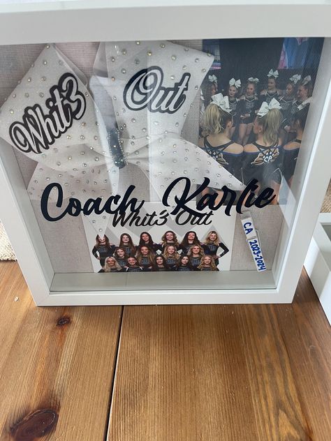 Senior Night Gift Ideas Cheer, Cheer Coach Christmas Gift Ideas, Senior Cheer Gifts Ideas, Senior Night Cheer Gifts, End Of Season Cheer Gifts For Team, Cheer Shadow Box Ideas, Cheer Senior Gifts, Cheer Coach Gifts End Of Year, Cheer Coach Gift Ideas