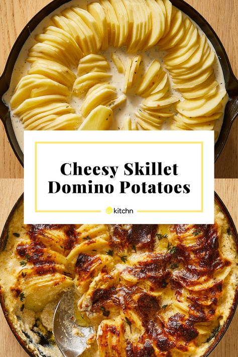 Mandolin Sliced Potatoes, Recipes With Sliced Potatoes, Tinned Potatoes Recipes, Cheesy Sliced Potatoes, Sliced Potatoes In The Oven With Cheese, Sliced Potato Recipes, Domino Potatoes, Golden Potato Recipes, Skillet Food