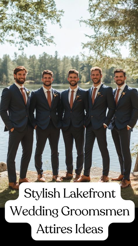 A group of groomsmen dressed in stylish outdoor wedding attire, standing by a scenic lakefront, showcasing coordinated colors and elegant suits ideal for a lakeside ceremony. Groomsmen Attire Ideas, Fall Groomsmen Attire, Fall Groomsmen, Lakefront Wedding, Classic Suits, Wedding Groomsmen Attire, Groomsmen Looks, Groom And Groomsmen Attire, Wedding Groomsmen