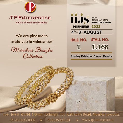 A women defines Her Own Beauty, all it needs a touch of Exquisite Handcrafted #Jewellery We are showcasing our marvelous handcrafted #GoldBangles Collection at the Biggest Jewellery Show in India - #IIJSPremiere2022 #iijspremiere #antiquebangles #fancybangles #classicjewellery #traditionaljewellery #modernjewelry #gold #mumbaijewellery #goldresellers #goldwholesaler #goldjewellery #goldmanufacturer #goldbanglemanufacture #latestjewellery #indianjewellery #bangles #ethnicjewellery Exhibition Invitation, Invite Design, Big Jewelry, Jewelry Show, Latest Jewellery, Event Invitation, Bangles Jewelry, Indian Jewellery, Gold Jewellery