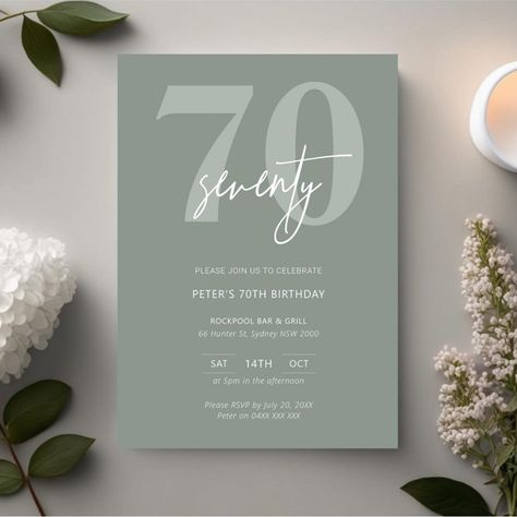 70th Birthday Invite, Sage Background, Modern Birthday Party, 70th Birthday Party, 70th Birthday Invitations, Rose Gold Invitations, Modern Birthday, Minimalist Typography, 70th Birthday Parties