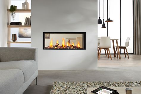 Double Sided Fires & Tunnel Fireplaces | The Fireplace Studio Fireplace Modern Design, Two Sided Fireplace, Modern Room Divider, Fireplace Doors, Double Sided Fireplace, Deco Studio, Glass Fireplace, Home Fireplace, Modern Fireplace