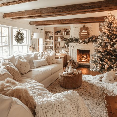 27 Elegant Christmas Living Room decor Ideas for a Magical Season Interior Design Living Room Christmas, Christmas Farmhouse Living Room, Cottage Core Family Room, Cosy Winter Living Room, Christmas Interior Decor Living Rooms, Christmas Decorating Styles, Christmas Styles Decor, Christmas Boho Decor Ideas, Minimalist Christmas Living Room