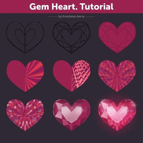 Gem Drawing Tutorials, Gem Tutorial, Crystals Art Drawing, Heart Tutorial, Gem Drawing, Heart Gem, Crystal Drawing, Concept Art Tutorial, Coloring Tutorial