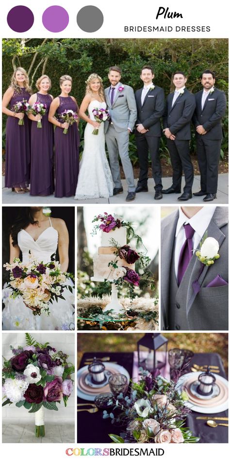 Plum bridesmaid dresses on sale under $100, in 600+ custom-made styles and all sizes, white bridal gown, white and plum flower and greenery bouquet, wedding cake décor and centerpieces, plum groomsmen ties. #colsbm #bridesmaids #bridesmaiddresses #weddingideas #purplewedding #plumwedding #bouquet #weddingcake #weddingties #weddingcenterpieces #plumdress b2254 Plum And Dark Grey Wedding, Plum Dresses Bridesmaid, Plum Gray Wedding, Plum And Dark Green Wedding Colors, Purple Wedding Pallet, Plum Bridal Party, Deep Purple Wedding Decor, Plum And Sage Wedding Colors, Plum Flowers Wedding