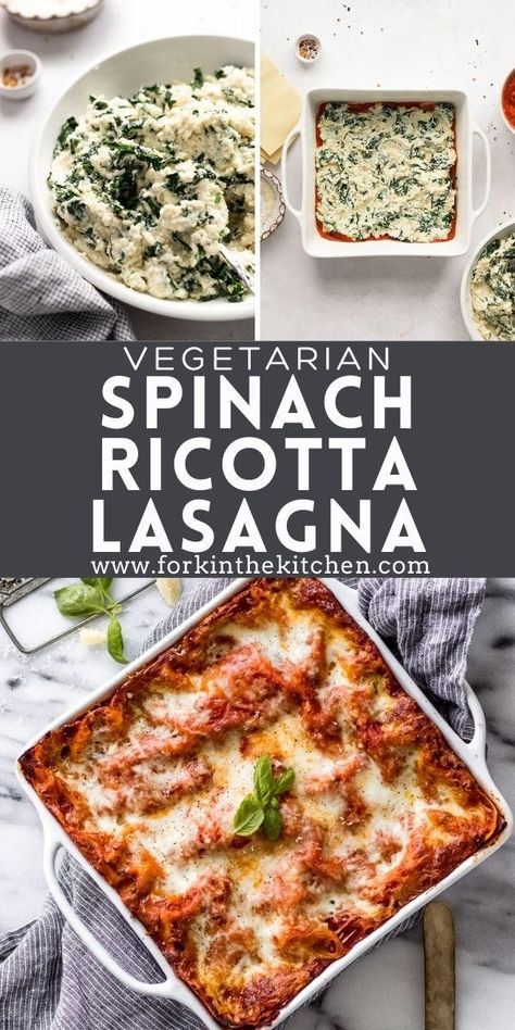 The ultimate comfort food: Vegetarian Spinach Ricotta Lasagna. It’s made with a cheesy layer of ricotta cheese and a flavorful spinach mixture, alongside homemade tomato sauce, freshly shredded mozzarella cheese, all in between fresh pasta sheets. It’s irresistibly delicious! Lasagna Recipe Cheese Meatless, Spinach Ricotta Lasagna Filling, Gluten Free Vegetarian Lasagna Recipe, Vegetable Lasagna Recipe With Ricotta, Spinach And Feta Lasagna, Cheese And Spinach Lasagna, Vegetarian Lasagna Recipe Spinach, Lasagna Ricotta Spinach, Lasagna With Ricotta And Spinach