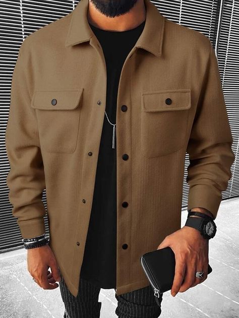 Manfinity Homme Men Button Front Flap Pocket Overcoat | SHEIN USA Custom Made Clothing, Winter Jacket Men, Mode Design, Pocket Pattern, Pocket Jacket, Outfit Casual, Men Winter, Flap Pocket, Casual Outfit