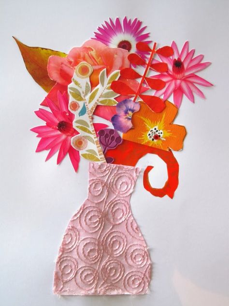 Love this idea - vase of flowers collage by Lil Sonny Sky Mixed Media Vase, Collage Vase Of Flowers, Paper Collage Flower Vase, Andy Warhol Flowers Art Lesson, Magazine Flower Collage, Flower Vase Oil Pastels, Flower Vase Crafts, Collage Flowers, Flowers Collage