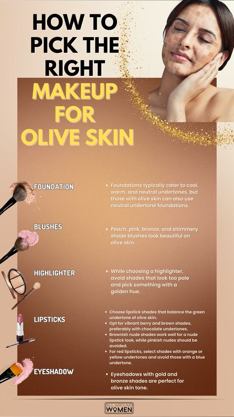 Makeup For Olive Skin, olive skin tone Wedding Makeup For Light Brown Skin, Makeup For Yellow Undertone Skin, Concealer For Olive Skin Tone, Colors That Go With Olive Skin Tone, Pale Olive Makeup, Olive Tone Skin Makeup, Olive Skin Colors Clothes, Neutral Olive Skin Tone Hair Colors, Light Olive Skin Makeup