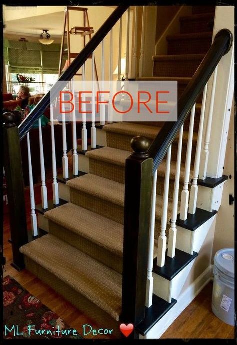 Refinish Staircase, Staircase Banister Ideas, Black Banister, Black Painted Stairs, Painted Banister, Painted Stair Railings, Oak Banister, Black Stair Railing, Stair Railing Makeover