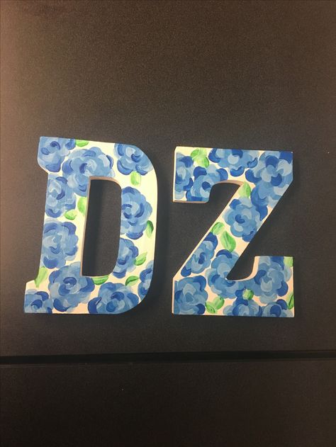 Delta Zeta painted letters Painted Greek Letters Ideas, Delta Zeta Letters Painted, Blue Sorority Letters, Dz Letters Painted, Sorority Letter Designs, Sorority Letters Painted Wooden Big, Painted Sorority Letters Wooden, Delta Zeta Painting, Initial Painting On Canvas Letters