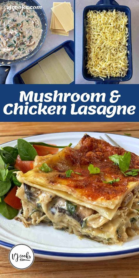 A tasty lasagne made with pan-fried chicken breast mixed through a creamy mushroom sauce, layered with lasagne sheets and cheese. An excellent twist on the Italian classic. For this recipe, the chicken is pan-fried then shredded. The rest of the creamy mushroom sauce is made in the same pan the chicken was cooked in, further enhancing the flavour. #vjcooks #chicken #dinner #lasagne Chicken And Mushroom Lasagne, Mushroom Lasagne, Mushroom And Chicken, Chicken Lasagne, Pan Fried Chicken Breast, Vj Cooks, Lasagne Sheets, Chicken And Mushroom, Gluten Free Salads