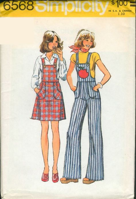 Wrap Skirt Pattern, Jumper Pattern, Patron Vintage, Simplicity Fashion, 70s Clothing, Jumper Patterns, 70’s Fashion, Bib Overalls, Sewing Pattern Sizes