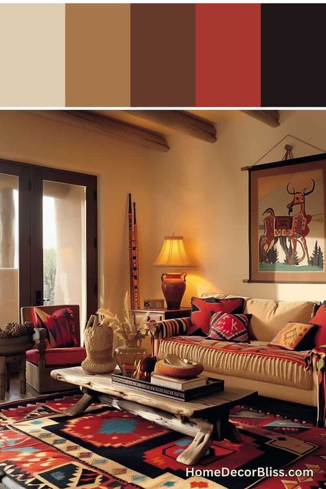 Southwestern Living Room Inspiration in Red and Beige Beige Colour Living Room Ideas, Red And Brown Living Room Ideas, Burgundy And Beige Living Room, Desert Color Palette Living Room, Beige And Red Living Room, Living Room Colour Schemes Warm, Southwestern Living Room Ideas, Mexican Dining Room, Southwest Farmhouse