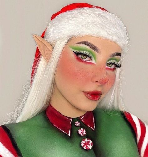 Elf Make Up Christmas, Cute Elf Makeup Looks Christmas, Christmas Elf Makeup Looks Easy, Easy Elf Makeup Christmas, Xmas Elf Makeup, Christmas Makeup Grinch, Ugly Christmas Sweater Makeup, Santa Elf Makeup, Christmas Makeup Ideas Easy