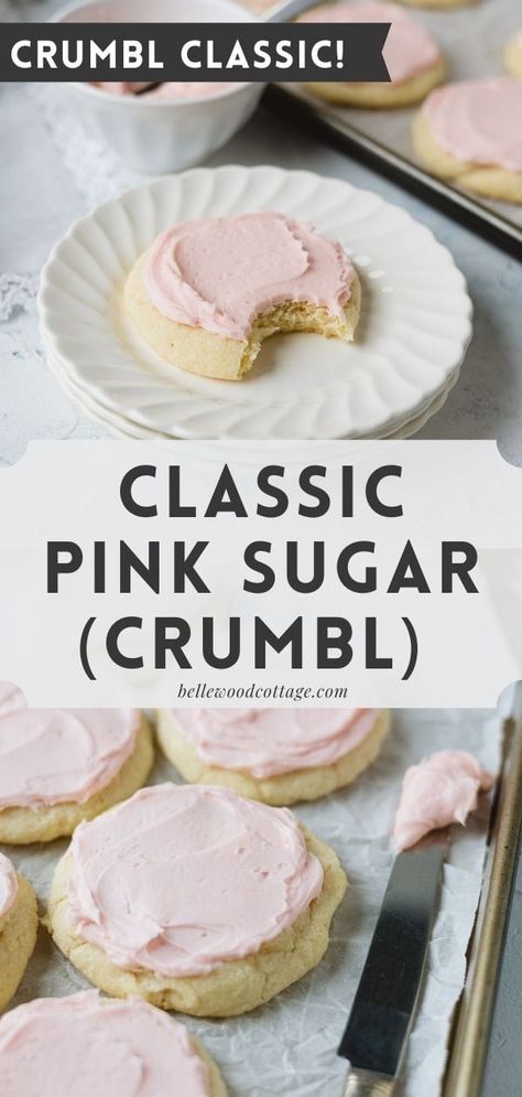 This easy copycat recipe for the Crumbl Classic Pink Sugar Cookie features a one-bowl, no-chill cookie dough. These soft sugar cookies are topped with the classic pink almond buttercream and can even be frozen for future use too. Crumbl Cookies Pink Sugar, Crumble Pink Sugar Cookie, Classic Pink Sugar Cookie Crumble, Sugar Cookie Crumbl Copycat, Small Crumbl Sugar Cookie Recipe, Homade Crumble Cookies, Pink Frosted Sugar Cookies, Crumbl Cookie Copycat Pink Sugar, Copycat Crumbl Pink Sugar Cookie