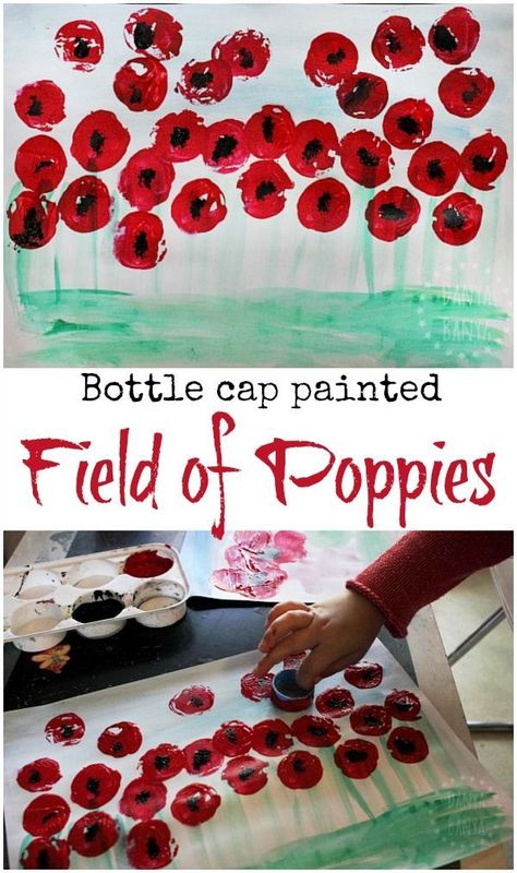 Bottle cap painted field of poppies art - to observe the symbol of the red poppy flower to help kids learn about and commemorate Anzac Day, Remembrance Day or Veterans' Day. Poppy Handprint Craft, Remembrance Day Art For Preschoolers, Remembrance Day Poem Kindergarten, Poppy Toddler Craft, Preschool Remembrance Day Activities, Anzac Day Crafts For Kids, Poppy Crafts For Toddlers, Remembrance Day Crafts For Preschoolers, Remembrance Day Eyfs