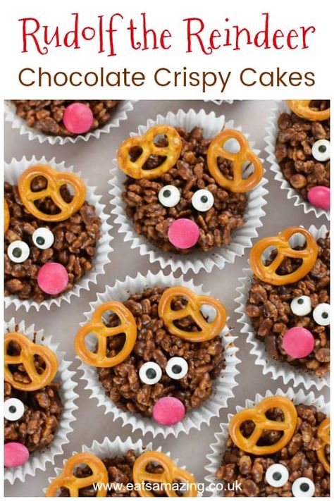 Yule Food, Chocolate Crispy Cakes, Christmas Baking For Kids, Crispy Cakes, Christmas Baking Ideas, Rice Crispy Cake, Reindeer Chocolate, Recipes Treats, Reindeer Faces