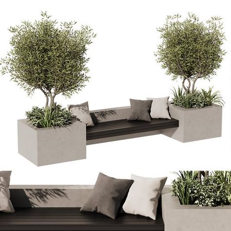 Outdoor Bench Olive V2 Modern Garden Bench Ideas, Bench Dimensions Outdoor, Outdoor Bench With Planters, Pot Plants Outdoor Patio, Zen Bench, Planter Seating, Garden Bench Design, Outdoor Bench Design, Planter Seat