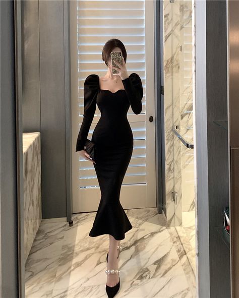 Korean One Piece, Long Mermaid Dress, Black Long Dress, Black Dresses Classy, Elegant Black Dress, Vintage Black Dress, Korean Fashion Dress, فستان سهرة, Black Evening Dresses