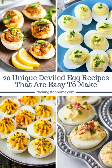 20 Unique Deviled Egg Recipes That Are Easy To Make - The Kingston Home: Do you love deviled eggs but want to change up the egg yolks just a bit? Then check out our 20 Unique Deviled Egg Recipes! via @craftykingstons Deviled Eggs With Cream Cheese Recipe, Sweet Deviled Eggs Recipe, Best Deviled Egg Recipe Ever, Gourmet Deviled Eggs, Deviled Egg Recipes, Colored Deviled Eggs, Perfect Deviled Eggs, Guacamole Deviled Eggs, Deviled Eggs Recipe Easy