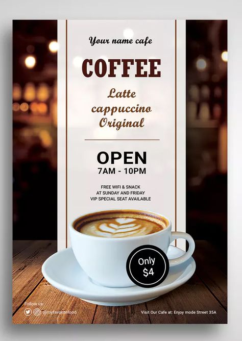 Coffee Shop Promo Flyer Template PSD - A4. Download Coffee Shop Flyer, Coffee Poster Design, Promo Flyer, Coffee Shop Menu, Cafe Posters, Coffee Bar Design, Restaurant Poster, 광고 디자인, Flyer Printing