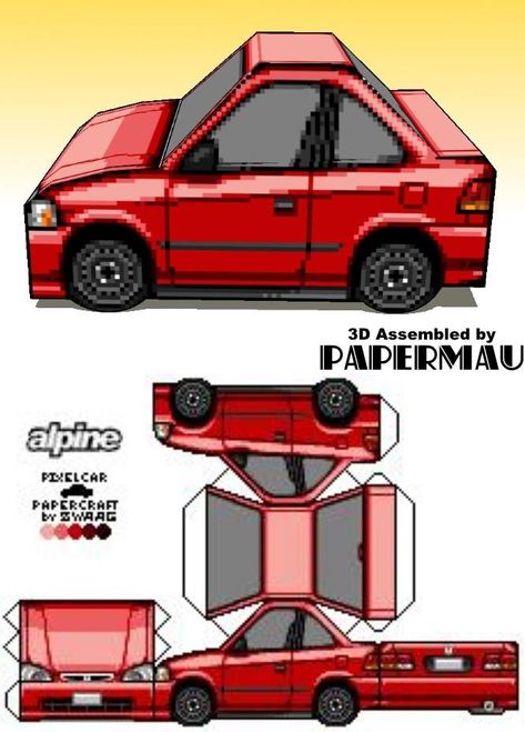 PAPERMAU: 1998`s Honda Civic Miniature Paper Model In Pixel Style by Pixel Car Papercrafts Paper Car Craft, Paper Craft Diorama, Paper Craft Car, Paper Toy Car, Honda Civic 1998, Paper Cars, Car Template, Pixel Car, Nissan R32