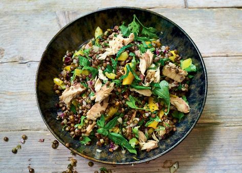 Smoked mackerel and lentil salad recipe Mackerel Salad, Cooked Lentils, Lentil Recipe, Lentil Salad Recipes, Mackerel Recipes, Smoked Mackerel, Satisfying Salads, Tasty Meat, Healthy Supper