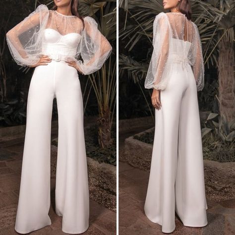 White Long Sleeve Jumpsuit Wedding, Reception Two Piece Jumpsuit, Wedding Rehearsal Jumpsuit For Bride, White Pants Outfit Bride, White Romper Wedding Jumpsuits, Maid Of Honor Dress Jumpsuit, Simple White Jumpsuit Wedding, White Reception Jumpsuit, Wedding Reception Pant Suit