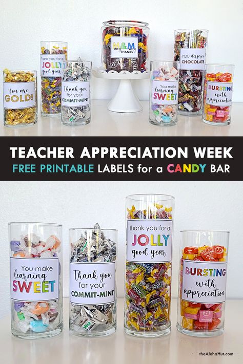 Teacher Appreciation Week Idea or Teach Gift idea. Bar None theme with free printable poster, candy bar dessert table labels, candy bar tags, weekly activity ideas. Great for PTO or PTA that is in charge of teacher appreciation week meals. Cute candy sayings. #teacherappreciationweek #teachergiftideas #candybarbuffet #candybartheme #candylabels #candytags #freeprintables #ptaideas #teacherappreciationmeals #teachergifts #candysayings National Teacher Appreciation Day, Teacher Appreciation Week Themes, Appreciation Cookies, Teacher Cookies, Candy Bar Table, Teacher Appreciation Themes, Teacher Morale, Staff Appreciation Week, Teachers Appreciation Week Gifts