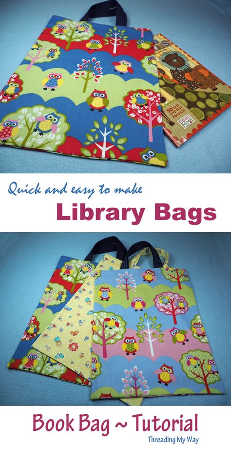 Diy Library Bag Free Pattern, Diy Library Book Bag, Library Bag Sewing Pattern, How To Make A Book Bag, Book Bag Patterns To Sew, Library Bag Diy, Diy Book Bag Pattern, Sew Book Bag, Library Bag Pattern