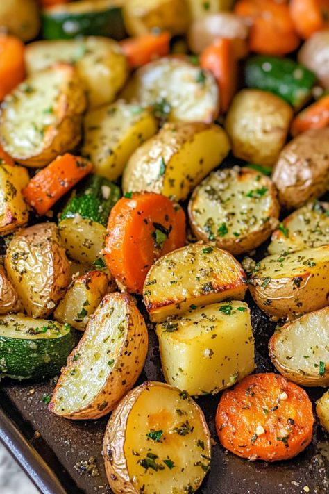 Garlic Herb Roasted Potatoes Carrots and Zucchini Steak And Roasted Vegetables, Oven Roasted Veggies And Potatoes, Food With Vegetables, Vegtables Dishes Healthy Dinner, Fall Roasted Veggies, Chicken Side Dishes, Sheet Pan Roasted Vegetables, Garlic Herb Roasted Potatoes, Vegetables Side Dishes