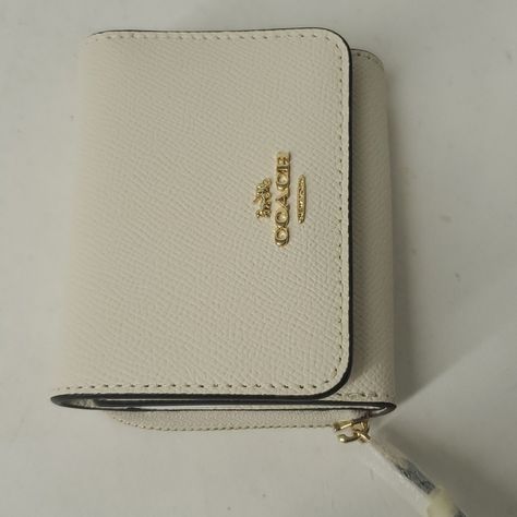 100% Authentic Or Money Back Guarantee !!! Coach 37968 Leather Small Trifold Wallet Gold/Chalk Crossgrain Leather Two Credit Card Slots Full-Length Bill Compartment Id Window Snap Closure Outside Zip Coin Pocket 4" (L) X 3 1/4" (H) X 1 1/2" (W) Style No. 37968 Coach Purse And Wallet Set, White Coach Wallet, Coach Snap Wallet, Coach Wallet Aesthetic, Wallets For Women Aesthetic, Cute Wallet Aesthetic, Cute Small Wallets, Channel Wallet, Cute Wallets For Women