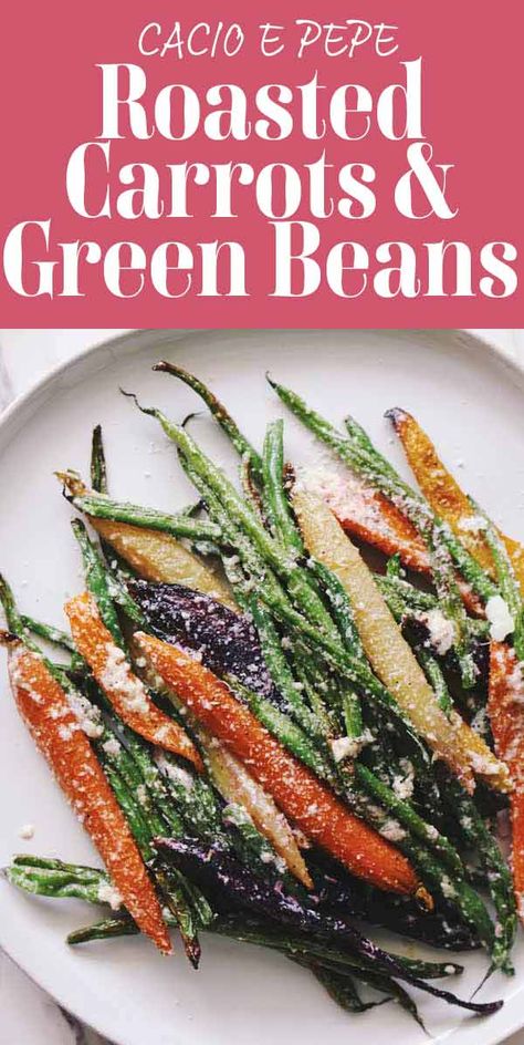 These roasted green beans and carrots are a show stopper! Rainbow carrots and tender green beans are roasted then tossed with butter, pecorino cheese, and pepper - for a cacio e pepe twist! Not only do they taste amazing, but it’s an easy one pan dish that you\'ll make again and again. Roasted Green Beans And Carrots, Green Beans And Carrots, Cheesy Green Bean Casserole, Veggie Side Dish Recipes, Carrots And Green Beans, Carrot Greens, Roasted Green Beans, Thanksgiving Side, Green Bean Recipes